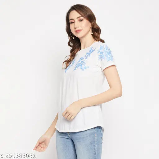 White rayon laced top with printed net pattern, short sleeves, suitable for summer wear, Indian-made embroidered clothing