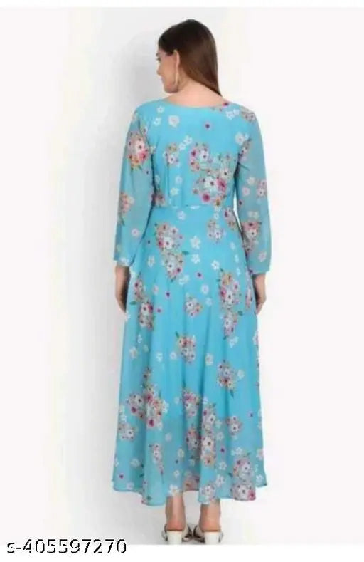 Aqua Blue Georgette Printed Three-Quarter Sleeve Kurta for Women, India Origin