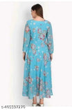 Aqua Blue Georgette Printed Three-Quarter Sleeve Kurta for Women, India Origin