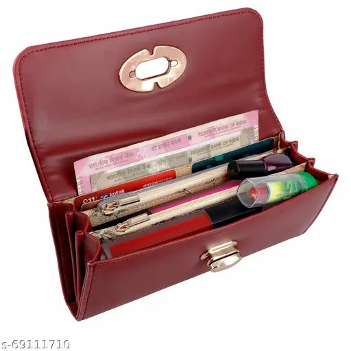 Faux leather women's clutch with magnetic closure, multiple card slots, and 5 compartments for goods and essentials. Lightweight, easy to carry, trendy design