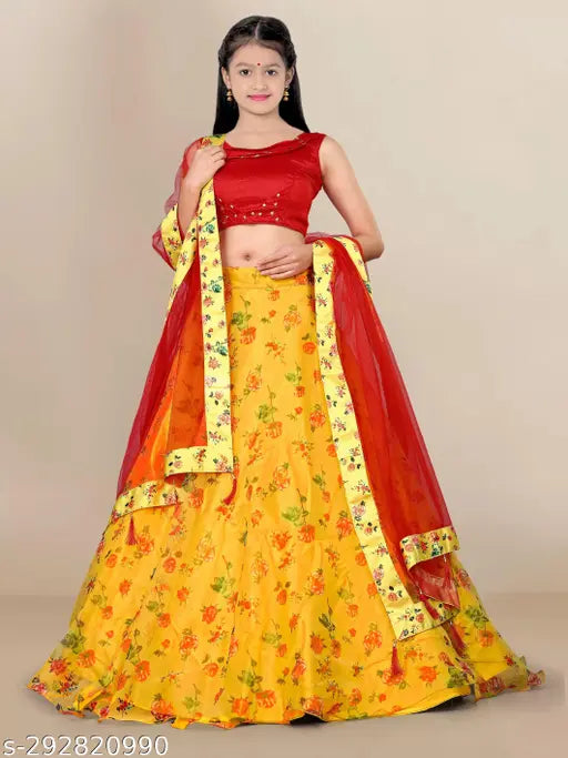 Organza net semi-stitched lehenga choli, botanical print, 9-14 years, machine washable