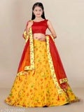 Organza net semi-stitched lehenga choli, botanical print, 9-14 years, machine washable