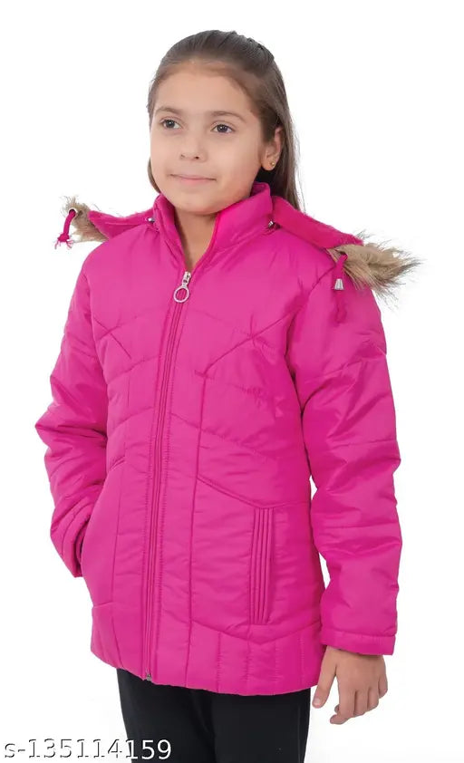 Quilted polyester hooded jacket for kids, girls solid design, 4-5 years size, perfect for winter wear