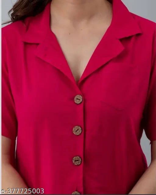Pink Rayon Crop Shirt, solid pattern, suitable for women's casual wear