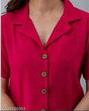 Pink Rayon Crop Shirt, solid pattern, suitable for women's casual wear