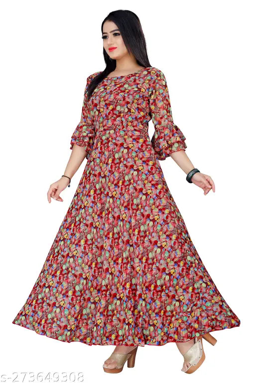 Georgette digital printed kurti-gown for women, three-quarter sleeves, bell style. India origin