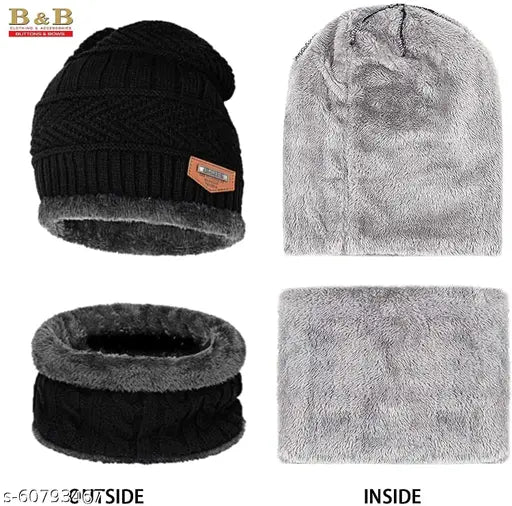 Black checked wool winter beanie cap set with neck warmer and gloves, Indian handmade men's & women's cold weather caps