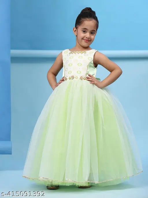 Green net print party dress for kids with parrot theme, full-length and sleeveless style