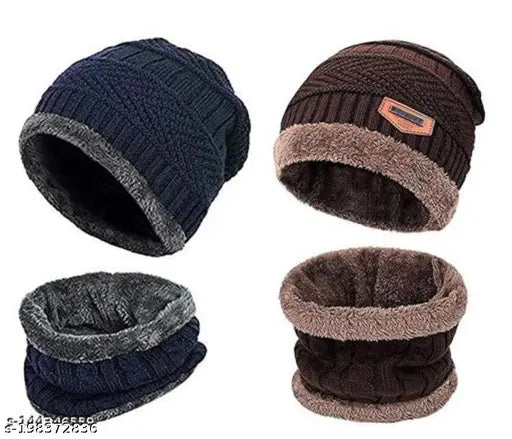 Wool winter combo: cap & fur-lined neck warmer, textured pattern, onesize, warm accessory from India