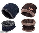 Wool winter combo: cap & fur-lined neck warmer, textured pattern, onesize, warm accessory from India