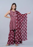 Rayon embroidered maroon kurti sharara set with duppatta and bottomwear for women, featuring sleeveless design and new stylish prints