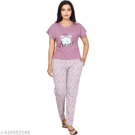 Printed round neck half sleeve waist length nightsuit set in polycotton for women, stylish and comfortable lounge wear from CLINT (India)