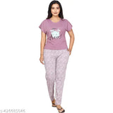 Printed round neck half sleeve waist length nightsuit set in polycotton for women, stylish and comfortable lounge wear from CLINT (India)