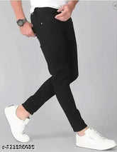 Black polycotton men's jeans, solid denim for parties. Size 28: 28in/41in/31in, 30: 30in/41in/33in, 32: 32in/41in/35in (India)