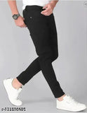 Black polycotton men's jeans, solid denim for parties. Size 28: 28in/41in/31in, 30: 30in/41in/33in, 32: 32in/41in/35in (India)