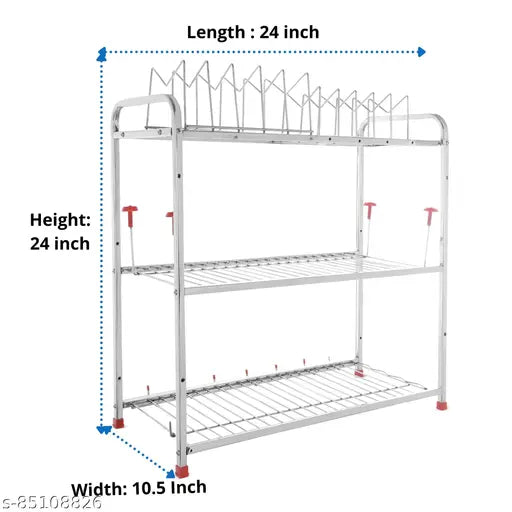 Stainless Steel 3-Layer Kitchen Organizer - Space-saving, wall-mountable kitchen utensils rack, 24x24 inch, India origin