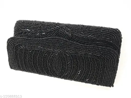 Black embellished fabric party clutch, women's designer accessory for nights out