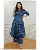 Blue floral printed cotton Anarkali gown with elegant design and three-quarter sleeves, ideal for casual daily wear