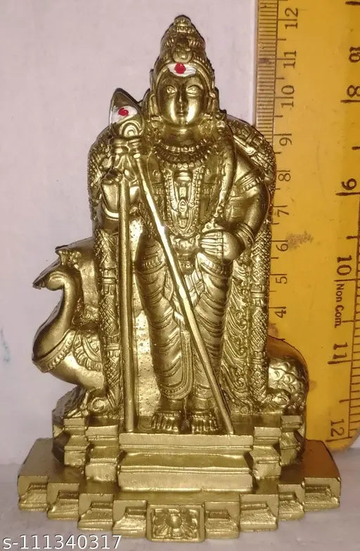 Poly resin Muruga Karthikeya Velmurugan 12cm golden idol, traditional Indian god statue on display
