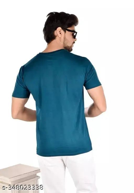 Blue regular fit cotton round neck print T-shirt for men, short sleeves on a clothing rack