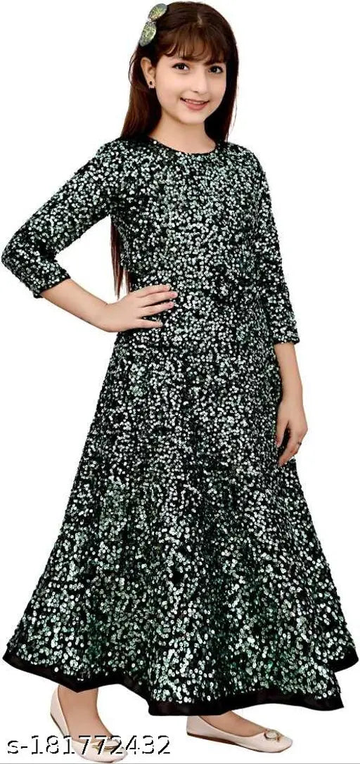 Chiffon party gown, long sleeves for girls (3-4yrs), Indian handcrafted solid color frock