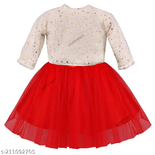 Silver Kraft embellished net frock dress & jacket (fe2941redJKTWHTF), three-quarter sleeves for 1-2 year old girls in India wardrobe