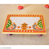 Multicolor Rajasthani Meenakari Marble Laxmi Ganesh Ji Statue Set for Diwali Puja, intricate peacock design on chowki, 14cm x 9cm x 10cm dimensions