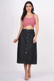 Women's and girls' denim black skirts, solid pattern, available in sizes 28, 30, 32, 34, 36, 38, 40 (waist: XXL-5XL). Denim skirt on model