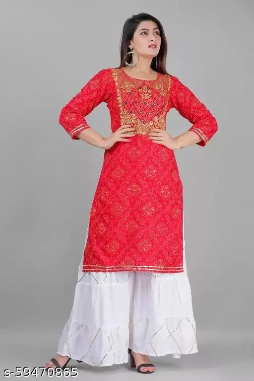 Indian rayon Bandhani print Kurta-Sharara, embroidered with mirror work. Single set in sizes S-XXXXL for women's ethnicwear