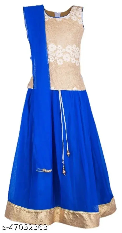 Modern acrylic lehenga cholis with checked Aari work and long sleeves - Kids Indian fashion on display stand (3-4 years - 8-9 years available)