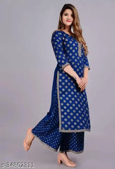Blue gold print rayon Demirner kurta palazzo ethnic set, soft comfortable Indian women's fashion