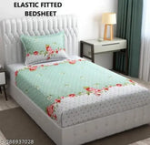 White glace cotton elastic bedsheet with floral print, perfect for summer - Prosseya