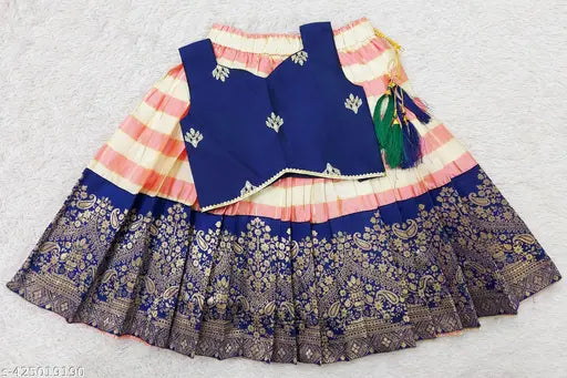 Art Silk Comrate Baby Girls Traditional Pattu Pavadai Lehenga Choli, embroidered and embellished, perfect for special occasions