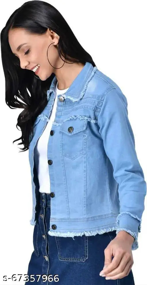 Long-sleeved solid denim jacket for women, indigo denim fabric