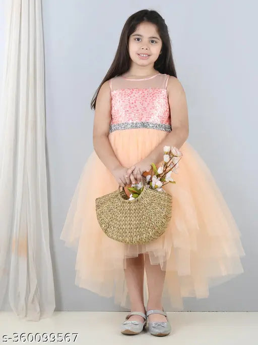Peach embellished net dress, stylish toy balloon kids party wear for girls (1-12 years)
