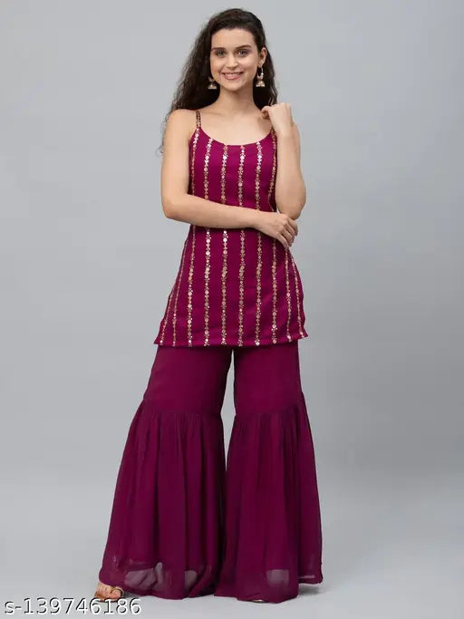 Georgette stitched Kurta with sharara, embroidered net, sleeveless, single piece. Max size 52" bust, 31" length. Indian origin