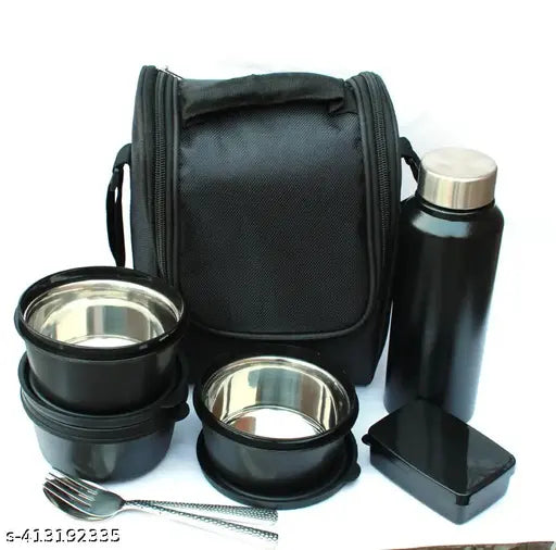 Black insulated lunch box set with 3 microwave-safe, leak-proof containers (400ml each), 1 steel bottle (750ml), pickle box (130ml), spoon, fork, and bag. Stainless steel construction for durability and airtight, BPA-free lids for freshness. Indian origin