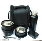 Black insulated lunch box set with 3 microwave-safe, leak-proof containers (400ml each), 1 steel bottle (750ml), pickle box (130ml), spoon, fork, and bag. Stainless steel construction for durability and airtight, BPA-free lids for freshness. Indian origin