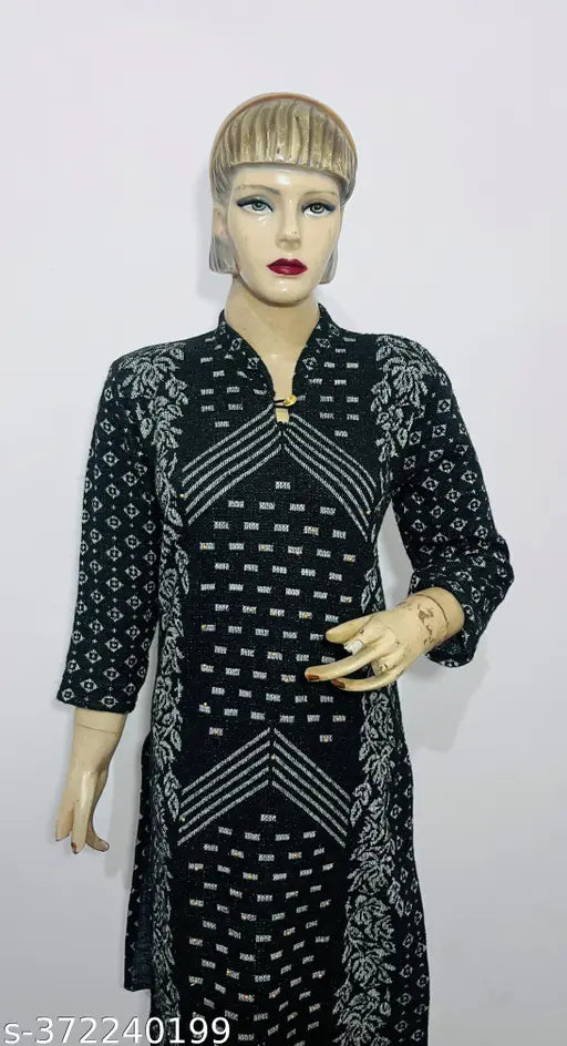Black Woolen Kurti with Flower Print - Cozy and Chic Winter Essential for Ladies