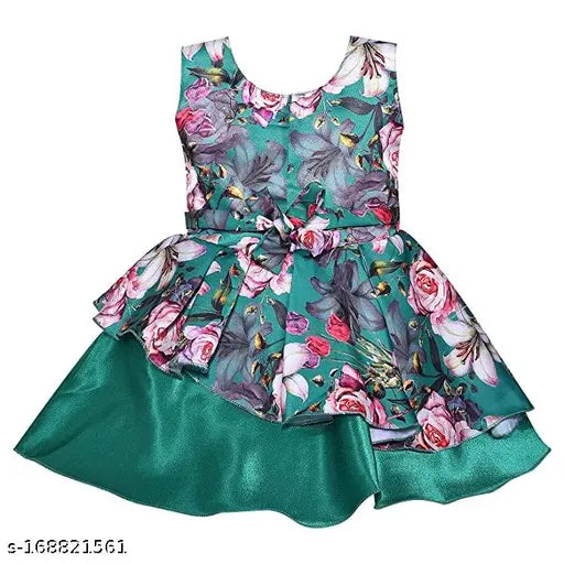 Silver satin knee-length dress (fe3029grn), printed net pattern, suitable for 1-2 years (bust size: 21 in, length size: 18 in)
