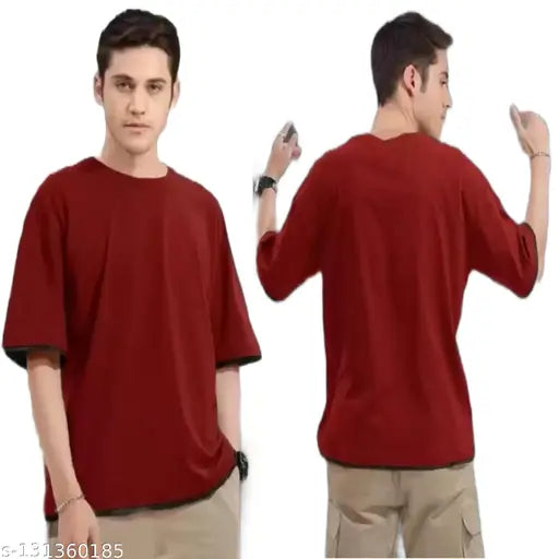 Maroon oversize cotton blend T-shirt, solid net, three-quarter sleeves - versatile men's fashion