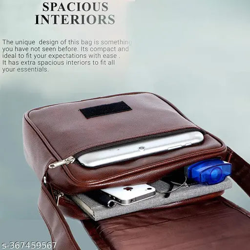 Synthetic leather men's sling bag, self-design crossbody bag with 3 compartments. Ideal for travel, office, outdoor activities, shopping, or business. Adjustable strap for comfort and security against pickpockets. Made in India