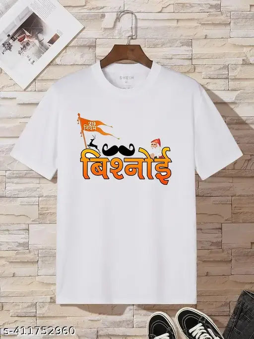Bishnoi printed polyester t-shirt, traditional Indian motifs on short sleeves