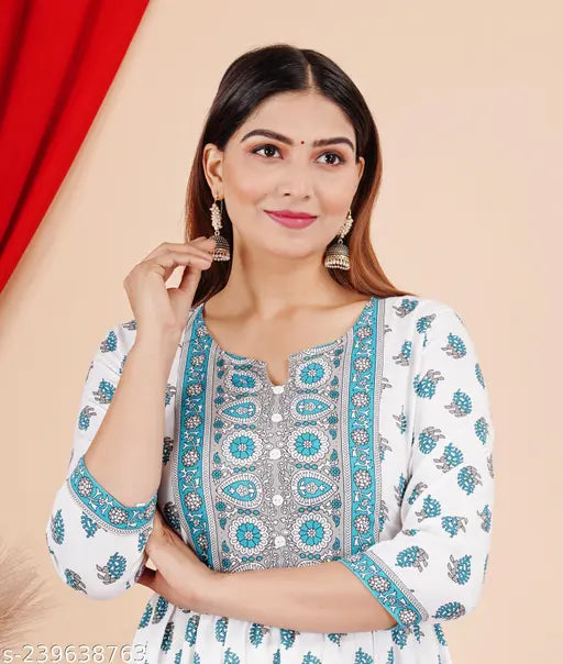 Rayon Nayra Cut Kurta Pant set with printed net, 3/4 sleeves, calf length. Traditional Indian fashion for casual and party wear in multiple sizes