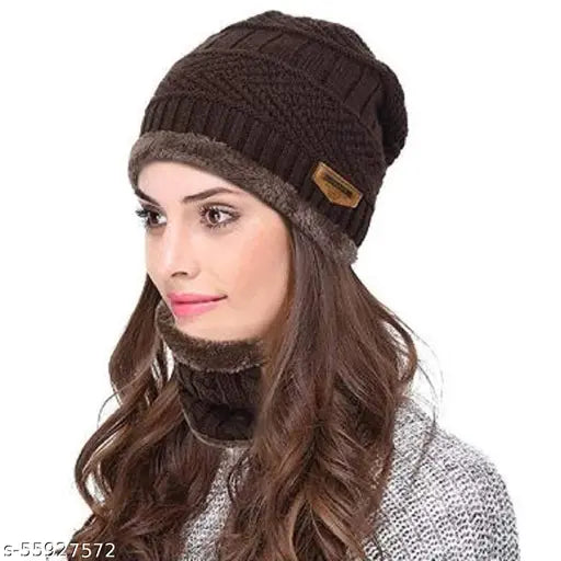 Black Brown Unisex Woolen Beanie Cap & Neck Warmer Set (2 Pcs) - Textured Arcylic Winter Accessories for Men, Women, and Kids