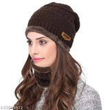 Black Brown Unisex Woolen Beanie Cap & Neck Warmer Set (2 Pcs) - Textured Arcylic Winter Accessories for Men, Women, and Kids