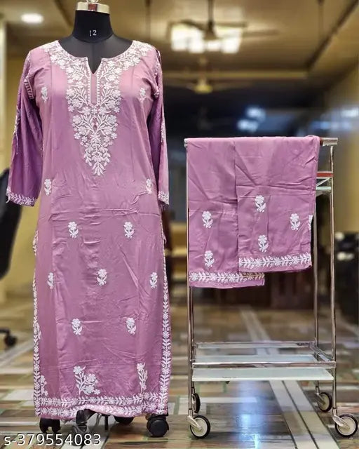 Embroidered rayon kurta set with palazzos, fancy chikankari work on net fabric, three-quarter sleeves, Indian handcrafted clothing
