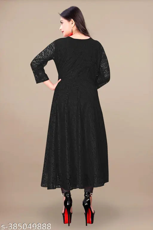 Flared net gown and kurtis for girl, self-designed three-quarter sleeve net dress on mannequin, India origin