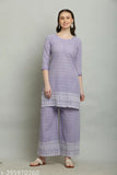 Purple chicken kurta with palazzo, cotton, printed net, three-quarter sleeves, Indian women's fashion