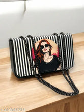 PU printed net sling bag for women, medium size with inner zip and long metal chain, ideal for any occasion